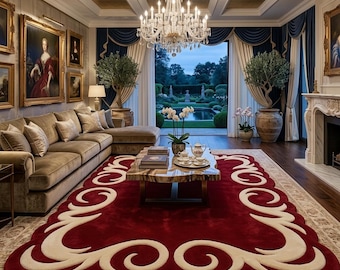 Tapete de lã tufado de luxo na cor bordô - Tapete com borda ondulada em vermelho e creme para sala de estar elegante, tapete grande e tradicional em estilo barroco.