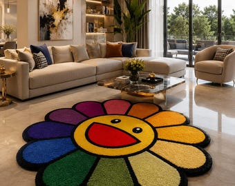 Tapete de lã tufado de luxo inspirado em Murakami - Tapete colorido com círculos de flores para sala de estar, tapete statement pop art arco-íris hypebeast 1,8 x 1,8 m
