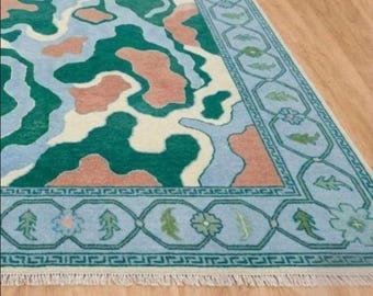 Tapete abstrato feito à mão - Tapete de lã luxuoso em verde sálvia e azul celeste - Tapete moderno e orgânico para sala de estar - Tapete grande de 2,4 x 3 m