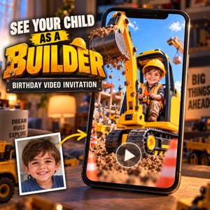 Puede incluir: Una pantalla de smartphone muestra una invitación de cumpleaños en video con un niño con casco amarillo en una excavadora amarilla. El texto dice SEE YOUR CHILD AS A BUILDER BIRTHDAY VIDEO INVITATION. Incluye una foto del niño.