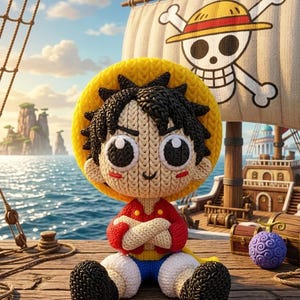 May include: A knitted Luffy doll wearing a yellow straw hat, red shirt, blue shorts, and black shoes, sitting on a wooden dock. A ship with a Jolly Roger flag sails on the blue sea in the background. A treasure chest and a purple fruit are also visible.
