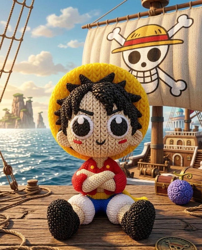 May include: A knitted Luffy doll wearing a yellow straw hat, red shirt, blue shorts, and black shoes, sitting on a wooden dock. A ship with a Jolly Roger flag sails on the blue sea in the background. A treasure chest and a purple fruit are also visible.