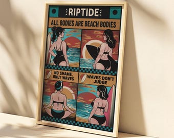 Body Positive Surf Print | All Bodies Are Beach Bodies | Retro Surf Wall Art | Feminist Ocean Poster | Gift for Surfers