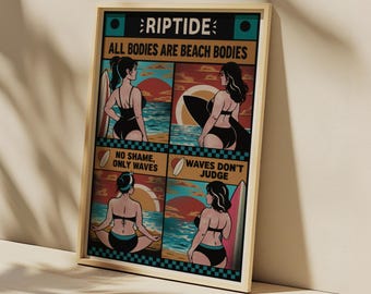 Retro Surf Poster, Beach Wall Art, Body Positive Surf Illustration, Ocean Sunset Artwork, Coastal Decor, Surfer Gift, A2 Print, RiptideKid