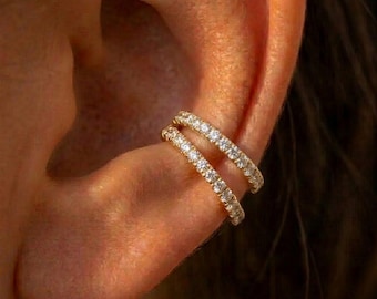 Pendiente doble de oreja con circonitas cúbicas, chapado en oro y plata, latón / Sin perforación, tipo brazalete para cartílago, minimalista.