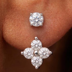 Örhängen med moissanitblommor • Eleganta konvertibla tryckknappar i 925 sterlingsilver
