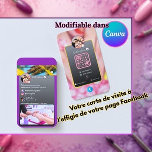 Peut inclure: Deux maquettes de cartes de visite violettes avec le texte "Modifiable dans Canva" et "Votre carte de visite à l'effigie de votre page Facebook". Les cartes affichent la marque d'un salon de manucure, avec un QR code et des réseaux sociaux.
