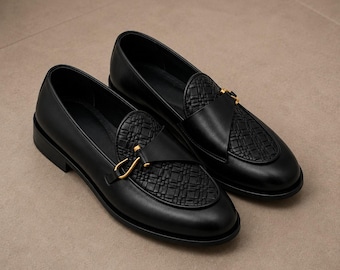 Handmade Men's Black Leather Loafers - Slip On Dress Shoes, Bespoke Footwer