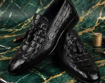 Mocasines de piel negra con relieve de cocodrilo / Zapatos sin cordones para hombre / Zapatos formales PK Hub