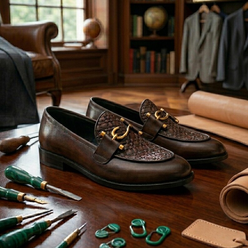 May include: A pair of brown leather loafers with woven vamps and gold-colored hardware. The shoes are displayed on a wooden surface with shoemaking tools, suggesting a focus on craftsmanship and quality. The loafers are a classic style.