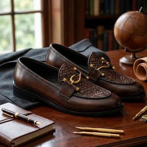 May include: A pair of brown leather loafers with woven vamps and gold-colored hardware. The shoes are displayed on a wooden desk with a notebook, pen, and a small globe in the background. The loafers have a classic, elegant design.