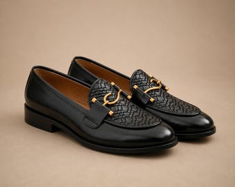 Handmade Black Woven Leather Loafers for Men, luxury mens footwear, Casual and Formal Wear