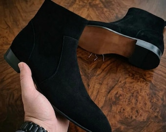 Handmade Black Suede Chelsea Boots, Riding Ankle Shoes, Casual Footwear