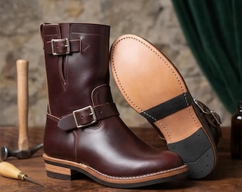 Botas de trabajo de cuero para hombre, hechas a mano, color marrón, con correa en el tobillo, ideales para motociclistas.