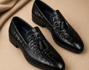 men's handmade crocodile leather loafers, formal and wedding shoes, bespoke shoes