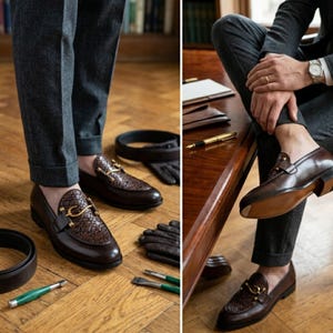 May include: Two-panel image of brown leather loafers with gold accents, a matching belt, and gloves. The loafers have a woven design on the toe. The second panel shows the loafers on a person's foot, with a desk and accessories in the background.