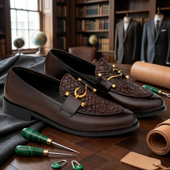 Handmade Brown Woven Leather Loafers for Men - Luxury Italian Style Bit Loafers - Slip-on Dress Shoes - Premium Men's Leather Footwear