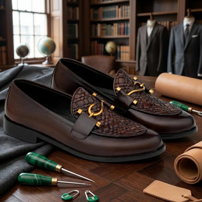 May include: A pair of brown leather loafers with woven vamps and gold-colored hardware. The shoes are displayed on a wooden surface with tools and a rolled leather item, suggesting a focus on craftsmanship and quality.