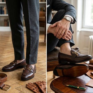 May include: Brown leather loafers with a woven design on the vamp and gold-colored hardware. The shoes are paired with gray trousers, a brown belt, and brown leather gloves. The image showcases classic men's footwear.