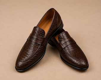 Handmade Brown Woven Leather Loafers | Men's Italian Style Dress Shoes | Luxury Slip-On Formal Shoes