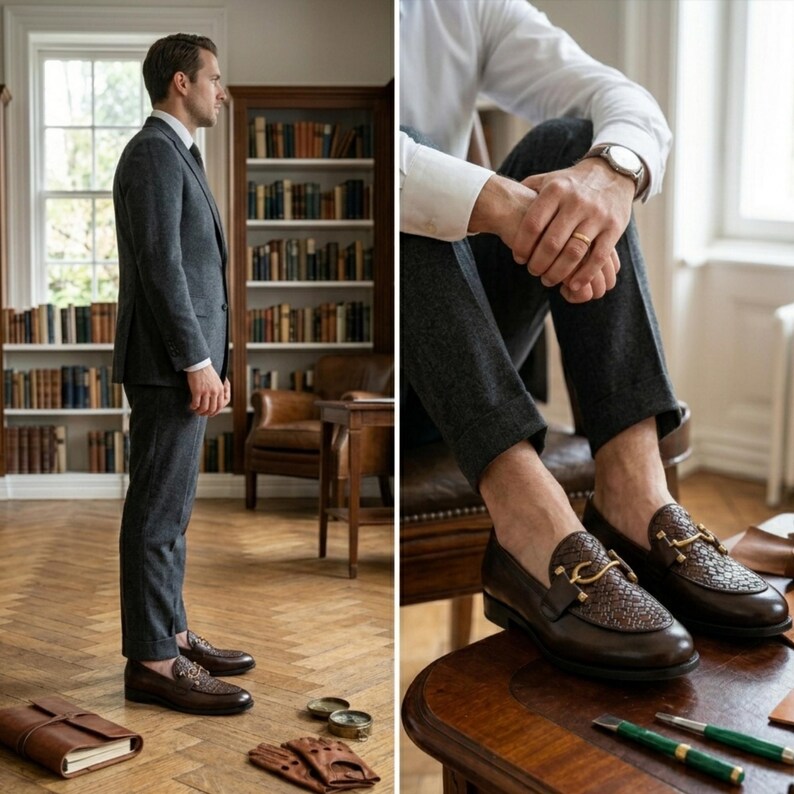 May include: A two-panel image shows a man in a gray suit and brown leather loafers. The loafers have a woven design and gold-colored hardware. The second panel shows a close-up of the loafers and the man's gray trousers.