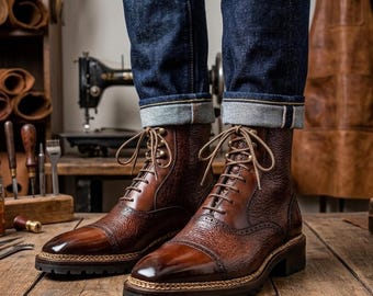 Handmade Men Brown Leather Lace Up Boots Wingtip Brogue Custom Comfort Riding Ankle Shoes