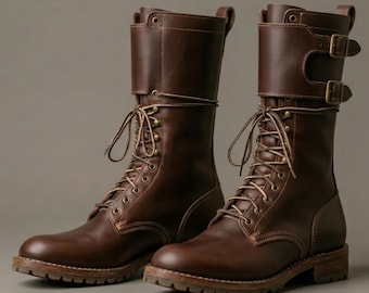 Men's Brown Long Leather Boots | Lace-Up Combat Boots | Rugged Motorcycle Style Footwear