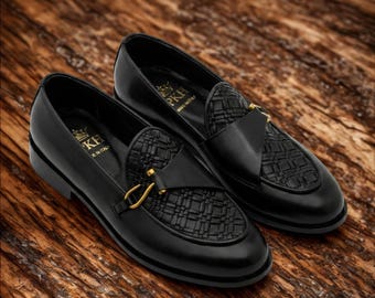 Mocasines de cuero negro para hombre hechos a mano - Zapatos de vestir de lujo sin cordones con textura tejida para PK HUBB