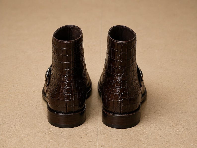 May include: A pair of brown leather ankle boots with a crocodile texture. Each boot has a buckle closure on the side and a stacked heel. The boots are displayed on a neutral-toned surface.