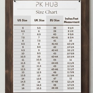 May include: A size chart from PK HUB, with US, UK, and EU sizes, and corresponding measurements in inches. The chart includes sizes from US 6 (9 1/4 inches) to US 16 (12 5/2 inches). The chart is on a white background.