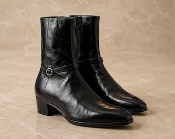 Handmade Men's Black Leather Ankle Boots, Vintage-Inspired Mid-Heel Zipper Boots with Buckle Strap