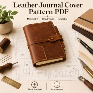 Op de afbeelding: Een bruine lederen journalomslag met een drukknoopsluiting en penlus, rustend op een geprint papieren patroon. De afbeelding bevat de tekst Leather Journal Cover Pattern PDF, Minimalist, Handmade, Refillable, Digital Download, en Instant Access.