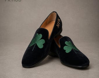Personalized Black Velvet Loafers for Men, Handmade Embroidered Shoes, Custom Wedding Loafers, Groom Shoes, Gift for Him