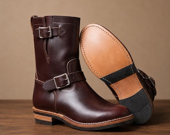 Handmade Leather Engineer Boots, Men Biker Ankle Boots, Monk Strap Shoes