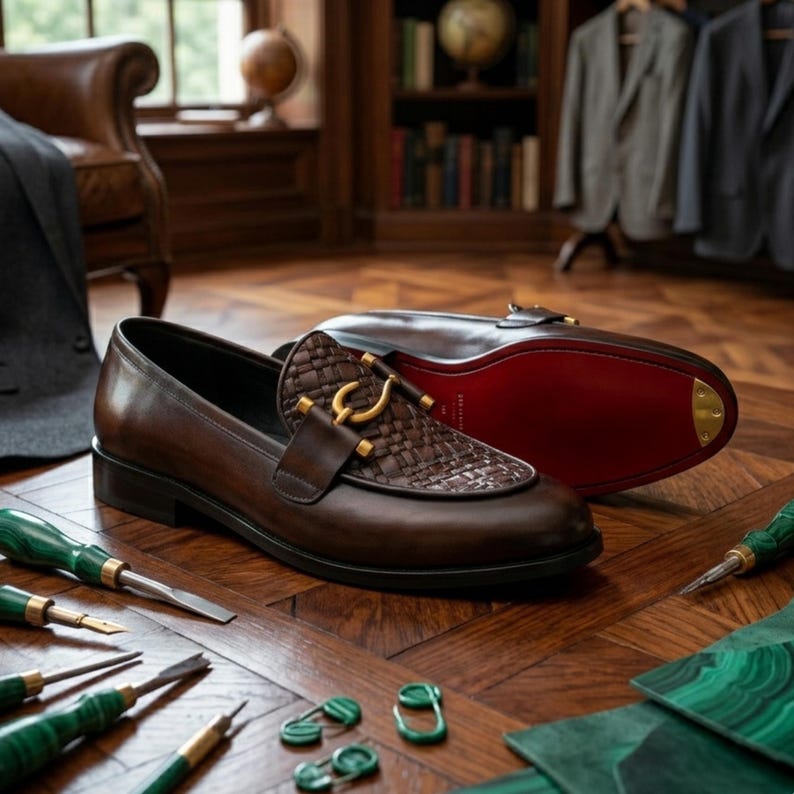 May include: A pair of brown leather loafers with woven detailing on the vamp and gold-colored hardware. One shoe is upright, and the other is upside down, revealing a red sole. The shoes are on a wooden floor.