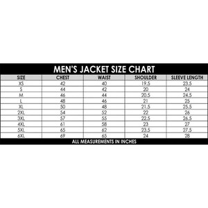 May include: A black and white Men's Jacket Size Chart. The chart includes sizes XS to 6XL, with chest, waist, shoulder, and sleeve length measurements in inches. The text at the bottom reads "ALL MEASUREMENTS IN INCHES."