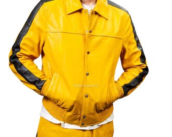 Men's Handmade Yellow Sheepskin Leather Tracksuit – Black Accents