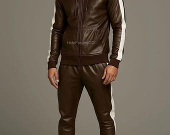Men's Brown Lambskin Leather Tracksuit – Hooded Jacket & Jogger Set