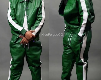Men's Brayden Genuine Sheepskin Leather Green Tracksuits - Real Leather Jogging Set Gift For Him