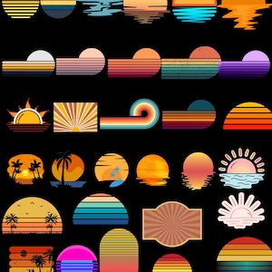 May include: A collection of thirty-two distinct graphic icons featuring sunset and sunrise themes. The designs include various shapes such as circles, rectangles, and semi-circles, utilizing gradients of orange, yellow, pink, blue, and purple.