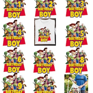 May include: A collection of birthday-themed items featuring characters from a popular animated movie. The items include iron-on transfers with numbers 1-9, a white t-shirt, and a drawstring bag. Each item has the text "BIRTHDAY BOY" in yellow on a red background.