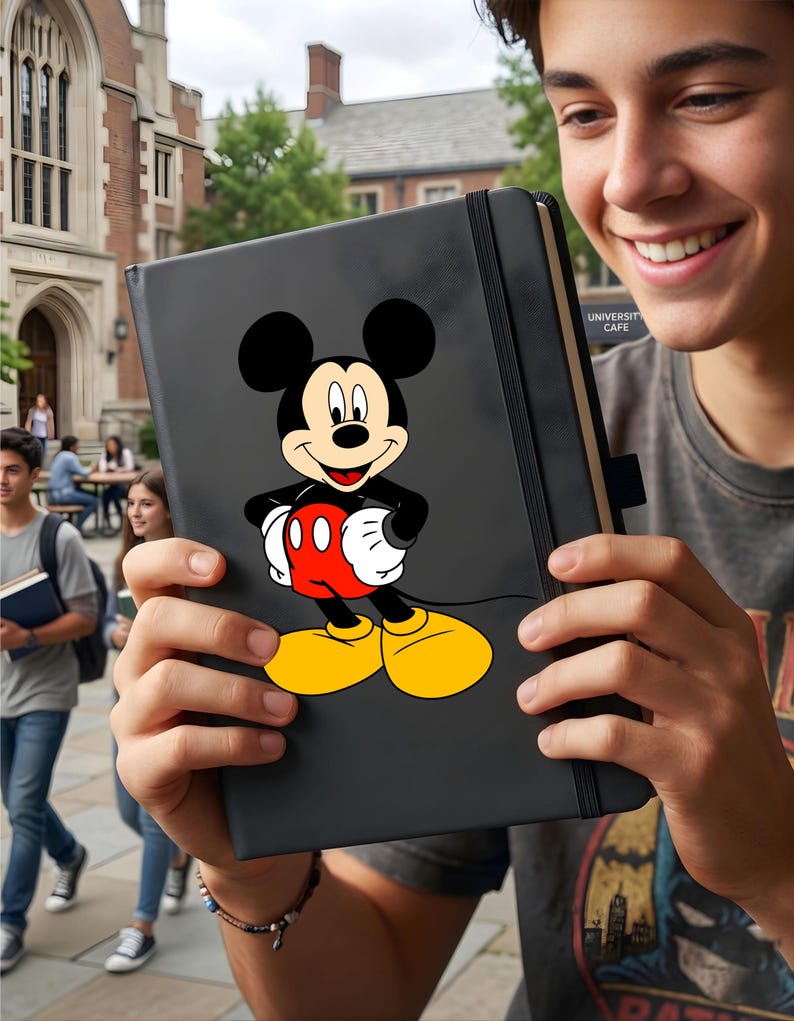May include: A black notebook featuring a full-body image of Mickey Mouse in his classic red shorts, yellow shoes, and white gloves. The notebook has a black elastic band closure and the text "UNIVERSITY CAFE" is visible on the side.