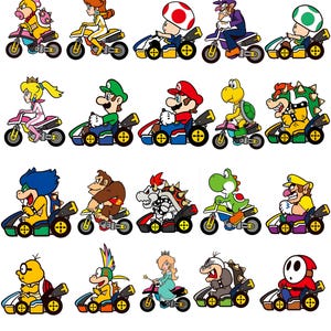May include: A collection of twenty colorful cartoon characters from the Mario franchise, each riding a distinct go-kart or motorcycle. The characters include various figures like Mario, Luigi, Peach, Bowser, and others, all depicted in profile view.