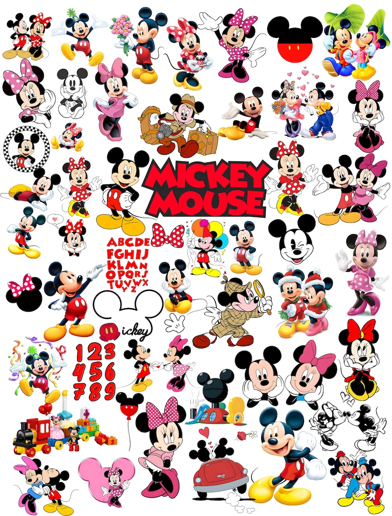 Mickey Minnie Mouse PNG SVG Bundle High Resolution Clipart Kids Birthday DIY Sublimation Tshirt Print On Demand Cricut Cut File Sticker Wall Art Mickey Mouse Logo Alphabet Numbers Font Bow Polka Dot Red Pink Black White Characters Multiple Poses Holiday Christmas Valentine Disney Characters Transparent PNG Instant Download Waterslide Tumbler Wrap Iron On Transfer Heat Press Vinyl Decal Kids Shirt Design Planner Sticker Journal Card Making Scrapbooking Craft Nursery Printable Digital Download