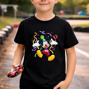 Mickey Mouse PNG SVG Bundle Kids Tshirt Print On Demand High Resolution Clipart Birthday Party DIY Sublimation Cricut Cut File Sticker Wall Art Cute Boy Wearing Black Tshirt With Mickey Mouse Party Celebration Confetti Streamers Colorful Design Outdoor Race Track Disney Characters Transparent PNG Instant Download Waterslide Tumbler Wrap Iron On Transfer Heat Press Vinyl Decal Kids Shirt Design Planner Sticker Journal Card Making Scrapbooking Paper Craft Nursery Decor Baby Shower Favor Tag Gift