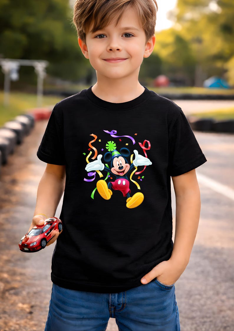 Mickey Mouse PNG SVG Bundle Kids Tshirt Print On Demand High Resolution Clipart Birthday Party DIY Sublimation Cricut Cut File Sticker Wall Art Cute Boy Wearing Black Tshirt With Mickey Mouse Party Celebration Confetti Streamers Colorful Design Outdoor Race Track Disney Characters Transparent PNG Instant Download Waterslide Tumbler Wrap Iron On Transfer Heat Press Vinyl Decal Kids Shirt Design Planner Sticker Journal Card Making Scrapbooking Paper Craft Nursery Decor Baby Shower Favor Tag Gift