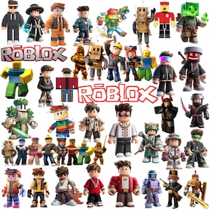 May include: A collection of Roblox character figurines in various outfits and styles. The figures are brightly colored and detailed, with some holding accessories. The Roblox logo is prominently displayed in the center.