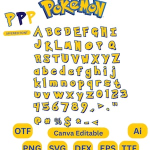 ポケモンにインスパイアされたアルファベットフォントバンドルSVG PNG、漫画文字Cricut、誕生日フォント、ゲームフォント、アニメレイヤード文字数字昇華