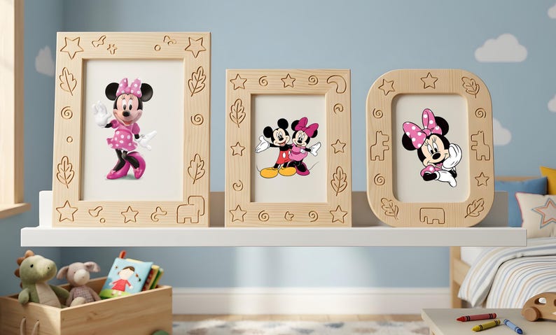 Mickey Minnie Mouse PNG SVG Bundle Wall Art Frames High Resolution Clipart Kids Birthday DIY Sublimation Print On Demand Cricut Cut File Sticker Three Wooden Carved Photo Frames Nursery Kids Bedroom Shelf Decor Pink Minnie Mouse Mickey Minnie Together Polka Dot Bow Disney Characters Blue Cloud Wall Baby Room Toys Crayons Stuffed Animals Transparent PNG Instant Download Waterslide Tumbler Wrap Iron On Transfer Heat Press Vinyl Decal Kids Shirt Design Planner Sticker Journal Card Making.