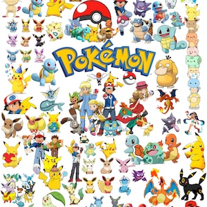 May include: A colourful collage featuring various Pokémon characters, such as Pikachu, Charizard, and Squirtle. The image includes the Pokémon logo and trainers, displaying a vibrant array of creatures from the popular franchise.